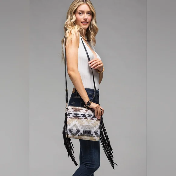 Fringed Crossbody Bag - Ethnic Southwest inspired Design - Clutch Strap Included - Picture 6 of 6